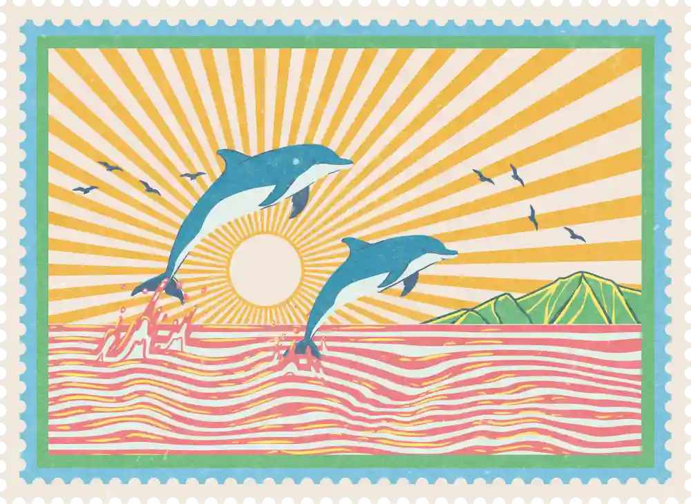 Stamp styled illustration of dolphins under a sunburst sea.